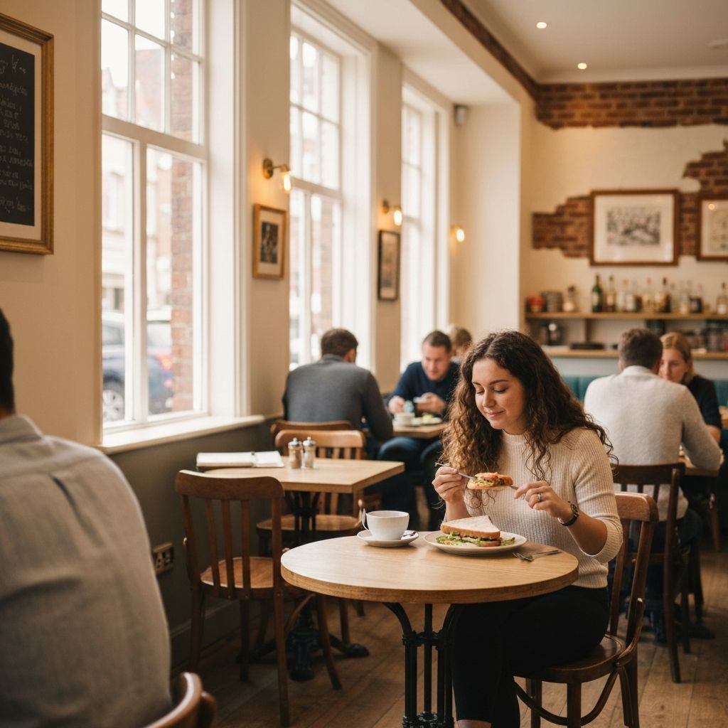 Person relaxed at a café table with a nourishing lunch and warm drink