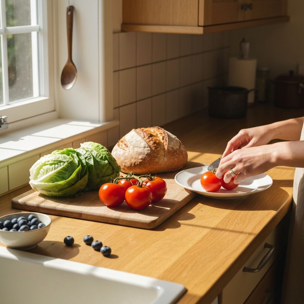 Hands gently preparing simple ingredients for lunch at a kitchen counter